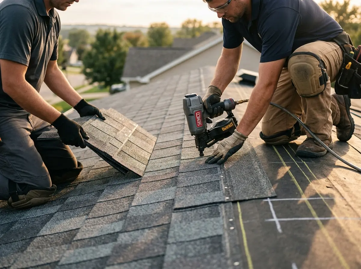 Professional roofer working on a residential roof in Stonegate